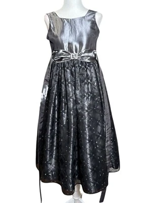 Jayne Copeland Size 12 Girls Metallic Silver Black Sleeveless Dress Waist Tie - Image 1 of 4