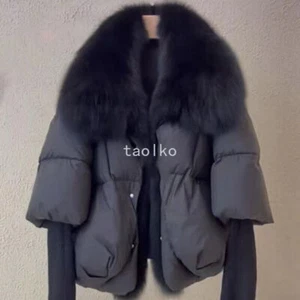 Womens Real Fox Fur Collar Down Puffer Jacket Short Coat Outwear Winter New S-XL - Picture 1 of 38