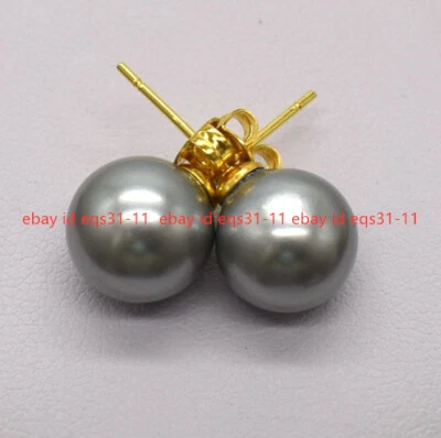 8/10/12/14mm Natural Multicolor Shell Pearl Round Beads Gold Stud Earrings - Image 1 of 4