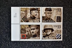 2000USA #3393-3396 33c Distinguished Soldiers - Price Selvage Block of 4 - Mint - Picture 1 of 1