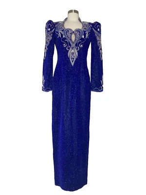 Vintage 1980s Cache Dress Women Size 6 Blue Silver Beaded Puff Sleeve Sequins - Image 1 of 4