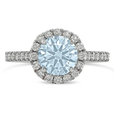 Anel de noivado de 1,45 CTW corte redondo água-marinha e diamantes com halo AQ500 - Imagem 1 de 3