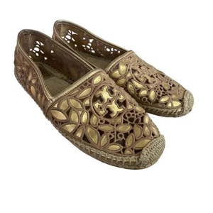 Tory Burch Rhea Damen-Espadrille-Flats Spitze Mesh Größe 8,5 hellbraun goldfarbenes Logo " - Bild 1 von 5