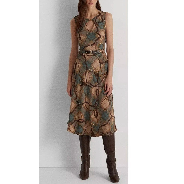 Lauren Ralph Lauren Plaid Belted Georgette Dress Sleeveless Plaid Chain Size 16 - Image 1 of 4