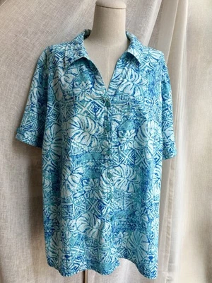 Camisa Erika Hawaiana Azul Botánica Para Mujer 2X Cuello en V Algodón Rayón Abotonada Top Foto 1 de 4