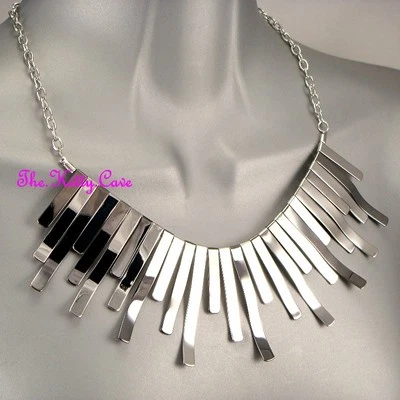 Silver Strips Bars Cleo Pharaoh Egyptian Deco Fan Collar Sunray Collar Necklace - Image 1 of 3