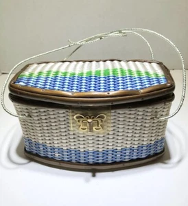 Woven Box Coated Wicker Vintage Basket Bag Handbag Purse Blue White Green - Picture 1 of 5