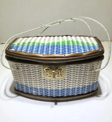 Woven Box Coated Wicker Vintage Basket Bag Handbag Purse Blue White Green - Image 1 of 4