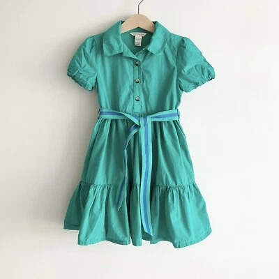 Monsoon Girls Dress 4 Dress Solid Green Striped Ribbon Belt Short Sleeve Ruffle - Image 1 of 4