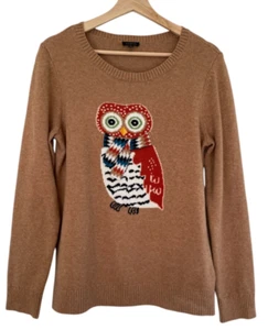 Talbots Owl Sweater M Brown Tan Cotton 3D Jacquard Knit Cozy Casual Preppy Soft - Picture 1 of 16