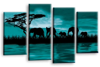 Elephant Wall Art Teal Living Room Sunset Africa Framed Split Canvas Picture 4 - Image 1 of 4