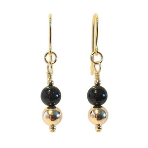 9ct Yellow Gold Ball Earrings, Black Onyx Gemstone Beads, Women's Drop Earrings - Picture 1 of 9