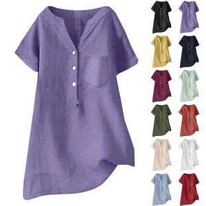 Summer Womens Linen Blouse Beach V Neck Button Down Top Tunic Loose Shirt - Picture 1 of 60