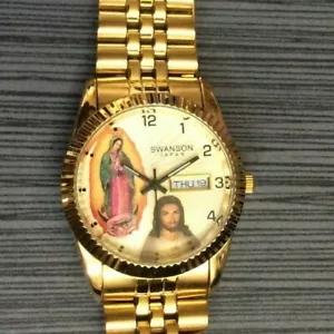 Reloj para hombre Swanson religiosa virgen de Guadalupe y Jesús esfera de rayos de sol dorada ¡Nuevo! - Imagen 1 de 3