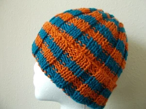 Hand knitted cozy and warm 100% wool hat, teal + orange stripes - Picture 1 of 6