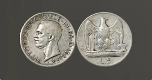 1926 ITALY VITTORIO EMANUELE III  5 LIRE  SILVER - Picture 1 of 1