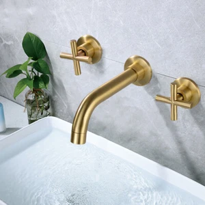 Grifo mezclador de grifo dorado cepillado de 2 manijas montado en la pared para baño cascada - Imagen 1 de 12