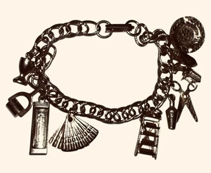 Vntg Misc. CHARM BRACELET Scissors Washboard Harmonica Fan Plate 7” Goldtone - Picture 1 of 8