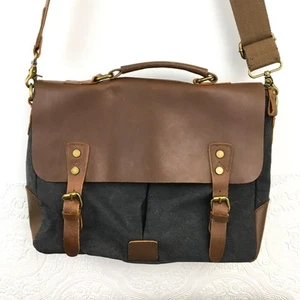 Brown leather & gray fabric laptop carry on travel work messenger commuter bag - Afbeelding 1 van 12