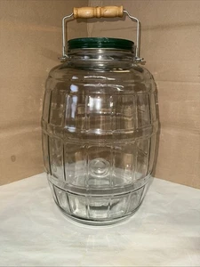 VTG Large Clear Glass Pickle Jar Barrel Style 13” Tall With Lid & Wooden Handle - Picture 1 of 7