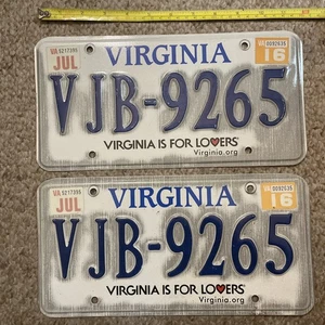 Par de matrículas Virginia azul/blanco de la década de 2010 VJB-9265 buen VA es para amantes - Imagen 1 de 5