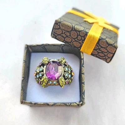 Heidi Daus Cocktail Ring "Delight In Tanzanite" Swarovski Crystal Bronze Size 8 - Image 1 of 4