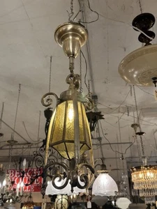 1915 Forged Steel and Amber Glass Lantern Pendant Light - Picture 1 of 12