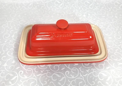 Le Creuset Stoneware Butter Dish Red Plate with Lid and Handle Chipped Base - Image 1 of 4