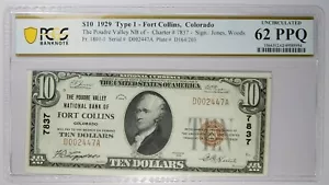 1929 Fort Collins, Co The Poudre Valley National Bank $10 PCGS 62 PPQ - Picture 1 of 4