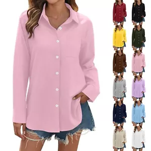 Womens Button Down Shirt Linen Button Up Long Sleeve Summer Shirt Blouse Tops - Picture 1 of 60