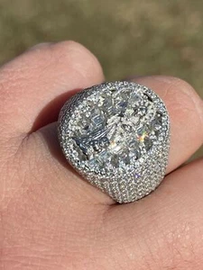 Real 925 Silver Baguette CZ Grim Reaper Santa Muerte Iced Mens Hip Hop Ring - Picture 1 of 14