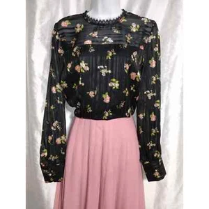 CAMICETTA ROMANTICA MODCLOTH argento raso a righe rosa fiore nero pizzo nero top - Foto 1 di 10