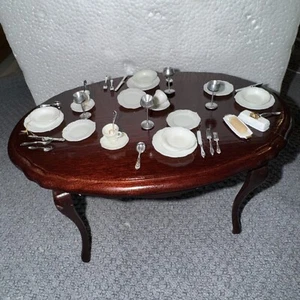Dollhouse Miniature Oval Dining Table with Dishes 1:12 Scale - Picture 1 of 4
