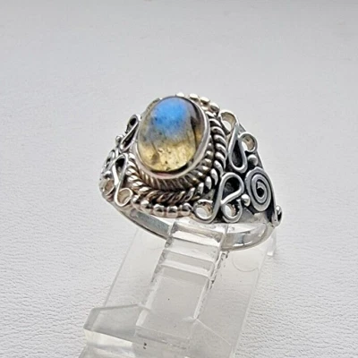 ANILLO LABRADORITA FUEGO AZUL VINTAGE PLATA ESTERLINA 925 NATURAL OVALADO 7x5mm talla 6 Foto 1 de 4