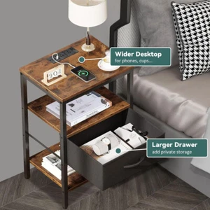 3-Tier Bedside Tables w/ Charging Station,USB Ports&Fabric Drawer,End Table - Picture 1 of 7
