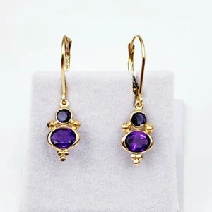 10K Yellow Gold Natural Amethyst and Iolite Dainty Dangle Drop Women Earrings - Picture 1 of 7