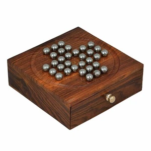 Wooden Handcrafted Solitaire Board Game Metal Balls Beads with Storage Drawer - Picture 1 of 4