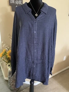 Denim & Co. Plaid Y-Neck Collared Long -Sleeve Shirt-Indigo-5X  A465318 - Picture 1 of 2