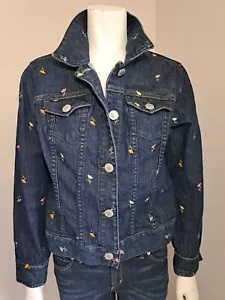 Liz Claiborne PETITE LARGE Blue Jean Jacket Embroidered w Flowers Front Buttons - Picture 1 of 6