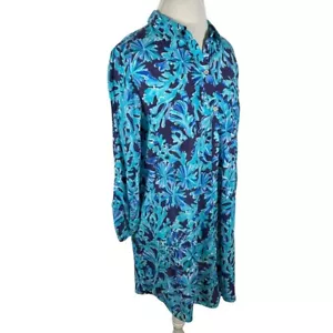 Lilly Pulitzer Natalie Blue Floral Shirt Dress 3/4 Roll Tab Slvs Cover Up Size M - Picture 1 of 11