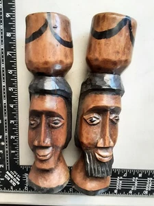 Hand carved Wood Tribal Man & Woman Faces 2 pc Jamaican vintage candle holders - Picture 1 of 3
