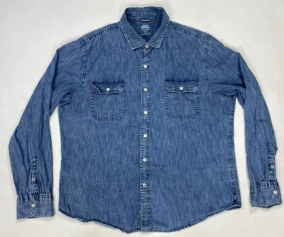 Izod Saltwater Denim Jean Shirt Men Slim Fit XL Blue Long Sleeve Pockets - Image 1 of 4