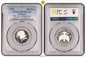 INDONESIA SILVER PROOF 200 RUPIAH COIN 1970 YEAR KM#23 PARADISE BIRD PCGS PR67 - Picture 1 of 1