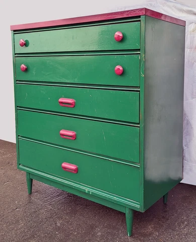 Vintage Mid Century Modern Antique Old Wood Wooden 5 Drawer Dresser Chest Cover