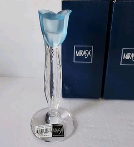 2 Mikasa Crystal Spring Aria Tulip Blue Candle Holders 8” Frosted New In Box - Picture 1 of 14