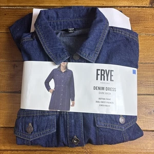 Abito denim Frye Wmn grande blu cinch vita tasche bottoni davanti Cottagecore NUOVO - Foto 1 di 10