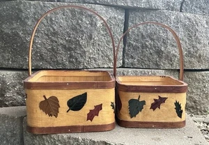 Pair of Vintage Square Wood Baskets w/ Unique Oak Leaf Design - Made In Germany - Picture 1 of 11