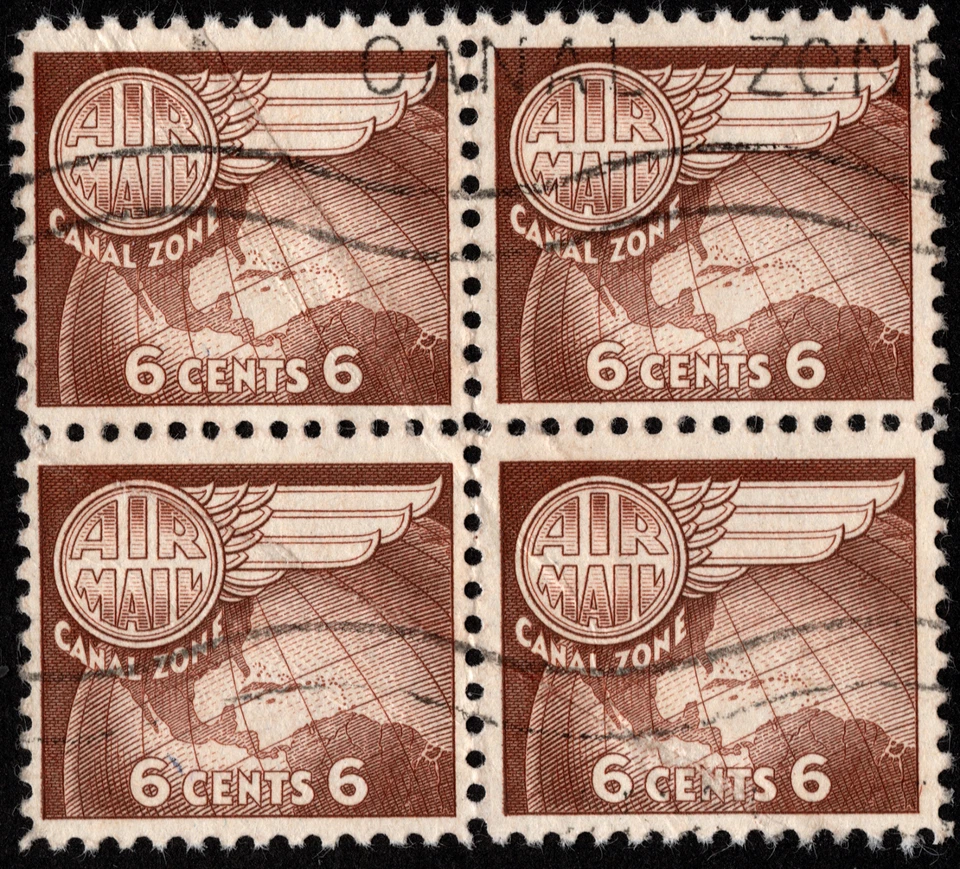 Canal Zone Stamp Scott # C22 Used Block 6 Cents Light Brown Globe & Wing Airmail - Image 1 of 1