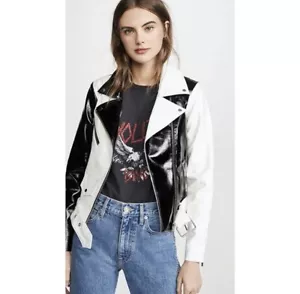 Veda Black&White Leather Jacket Color Block Vinyl Small - Picture 1 of 8