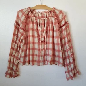 Free People Womens M Honey Grove Plaid Peasant Boho Blouse Burnt Orrange - Picture 1 of 8